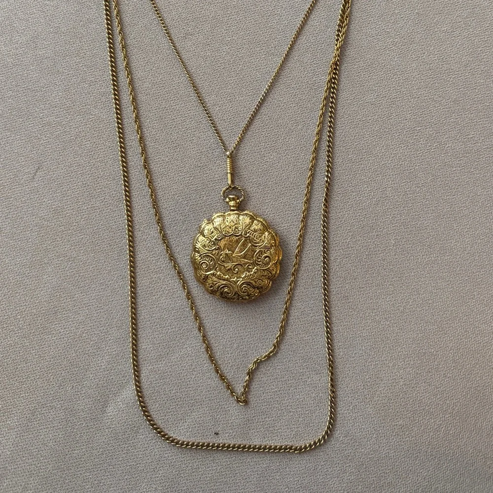 VTG 70s Goldette Statement Pendant Layered Necklace Pocket Watch Style Locket - Picture 3 of 9
